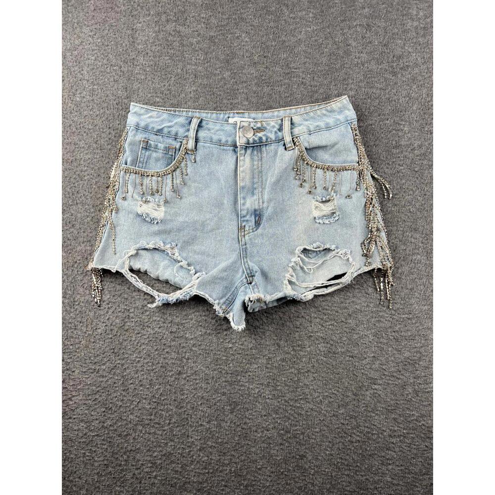 Rue21 Women's Denim Shorts Size 4 Light Wash Distressed Beaded Fringe
